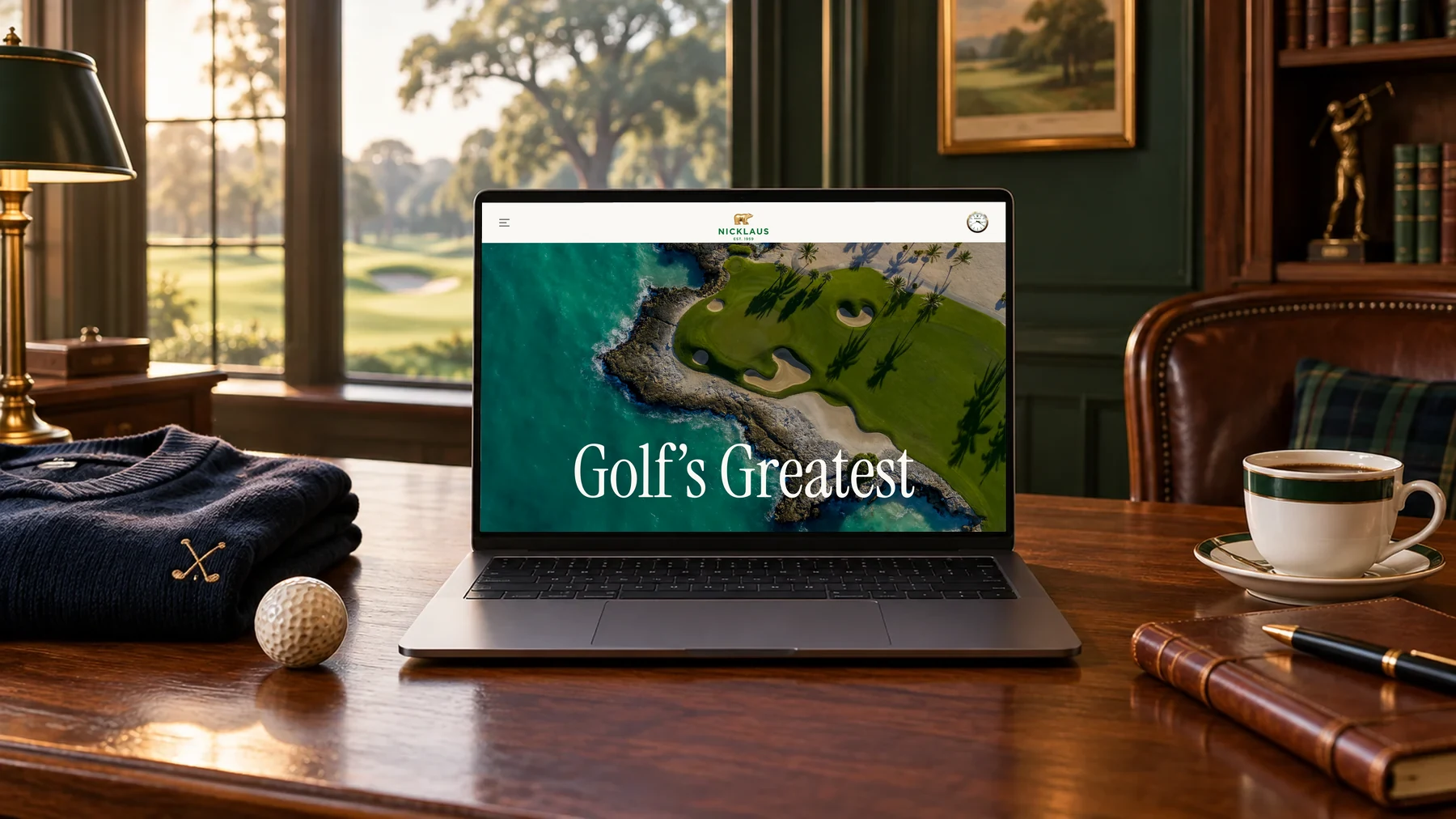 The new Nicklaus.com homepage on a laptop in a golf clubhouse library, a fairway through the windows behind