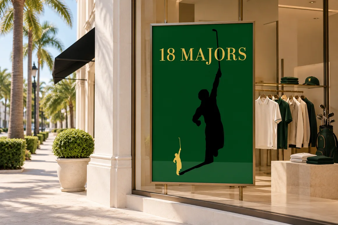 An 18 Majors storefront on a palm-lined street, a green 18 Majors poster of Jack Nicklaus’s silhouette in the window