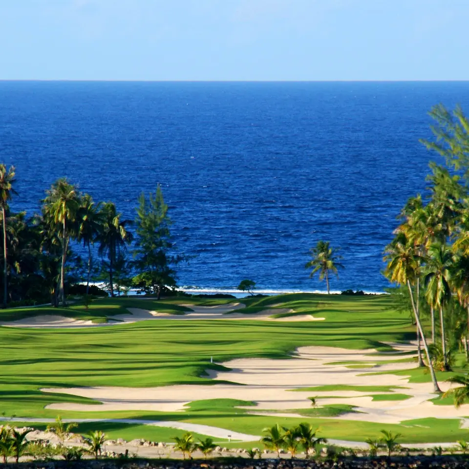 A green at Moorea Green Pearl beneath palms, the Pacific beyond