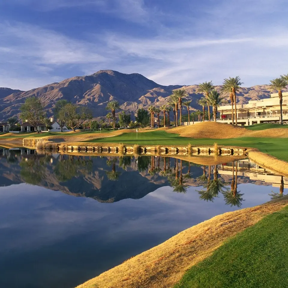 Mountains reflected in a lake at PGA West