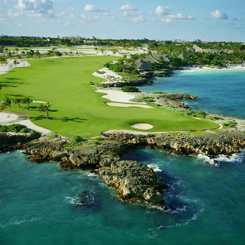 Aerial view of Punta Espada, greens set against the Caribbean