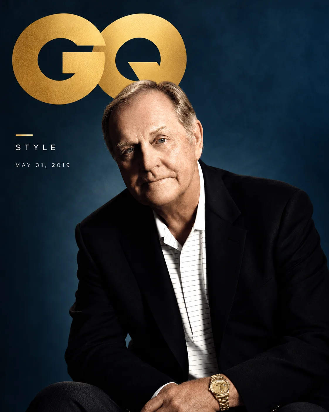 Jack Nicklaus on a GQ Style cover dated May 31, 2019, his gold Rolex Day-Date on his wrist