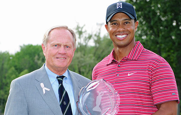 Jack Nicklaus with five-time Memorial Tournament winner Tiger Woods.
